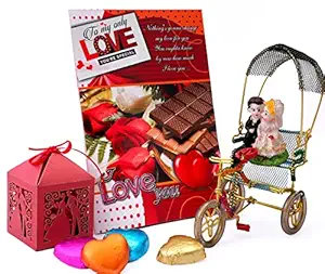 Valentines Day Gift for Boyfriend Special/Girlfriend/Valentines Day Chocolate Gift-Handcrafted Chocolate Box+Couple Statue+Wired rikshaw for Home Decor+Valentines Day Card
