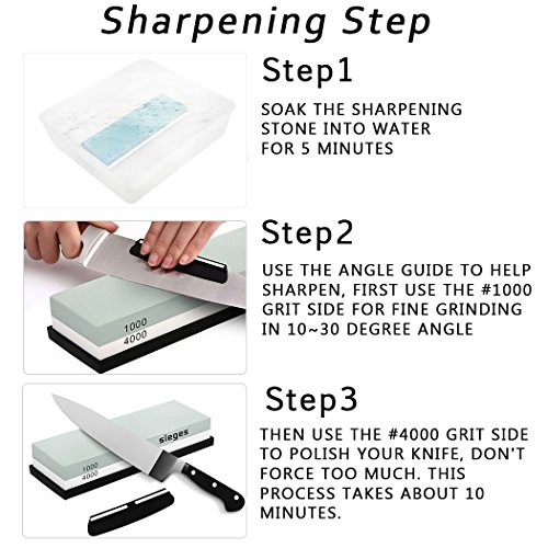 SIEGES Schleifstein 1000/4000 Doppelseitig Abziehstein Rutschfeste Unterlage Erstklassige Qualität Küchenbedarf，NonSlip Rubber Base & Angle Guide ( Grün / Weiß) - 4