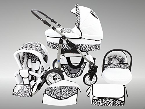 Chilly Kids Dino Kinderwagen Winter-Set (Winterfußsack, Autositz & Adapter, Regenschutz, Moskitonetz, Getränkehalter, Schwenkräder) 32 Weiß & Snow Leopard