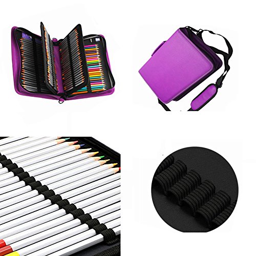 Púrpura 160 ranura la caja de lápiz - bolso de la pluma de la cremallera de la capacidad grande del cuero de la PU con la correa ajustable para los lápices de la acuarela de Prismacolor,
