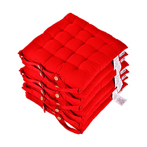 Homescapes Stuhlkissen 40x40 cm 6er Set rot Stuhlauflage mit Bändern und Knopfverschluss Bezug 100% Baumwolle mit Polyester Füllung