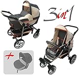  Jackmar  Gestell in Weiß  Hartgummireifen in Chrom & Schwarz  3 in 1 Kinderwagen Megaset (12 Teile)  Farbe: Graphit & Beige