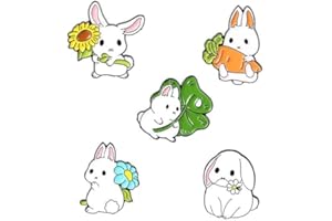ABONITON 5Pcs Cute Rabbit Enamel Pin Lapel Pins Cartoon Animal Brooch Pins Kawaii Rabbit Flower Carrot Badges Lovely Pins Set for Clothes Bag Jacket Accessory