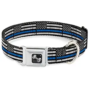 Dog Collar Seatbelt Buckle Thin Blue Line Flag Weathered Black Gray Blue 13 to 18 Inches 1.5 Inch Wide