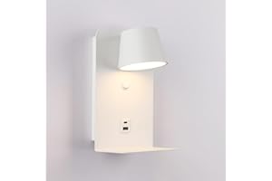 B·LED BARCELONA LED BARCELONA LED - Aplique de Pared BASKOP, Luz LED 6W, Estilo Nórdico – Luz Cálida 2700K, Cabezal Ajustable 350°, Puertos USB y USB-C y Estantería – Lámpara de Lectura para Cabecero Blanco