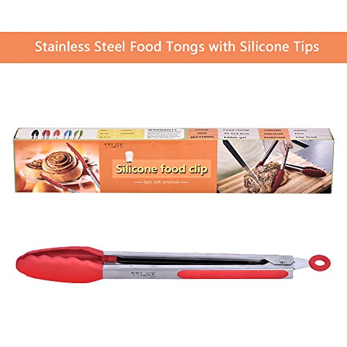 TTLIFE 2PCS Silikon Grillzange Küchenhelfer Mehrzweck Edelstahl Küchenzange Bratenzange BBQ Brot Tongs perfekt für Küchen Restaurant Camping9’+12’(Rot) - 2