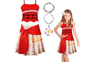 URAQT Mädchen Moanna Prinzessinnenkleid, Cosplay Karneval Verkleidung Party Prinzessin Kleid mit Kinder Zubehör Halskette Blumenreife Haarspange Oberteil+Rock
