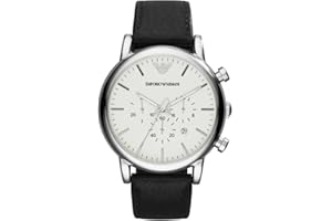 Emporio Armani Reloj Hombre, Movimiento cronógrafo de cuarzo, caja de 46mm Plata / Acero inoxidable con correa de piel, AR1807, Blanco hueso y tono plata