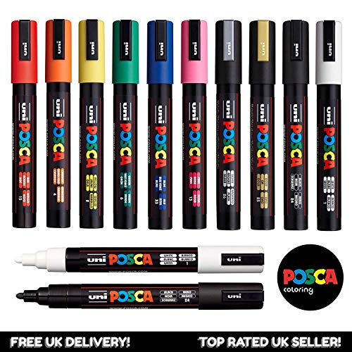 Uni Posca PC-5M Ensemble de 12 marqueurs professionnels pour peinture avec marqueurs noir + blanc supplémentaires