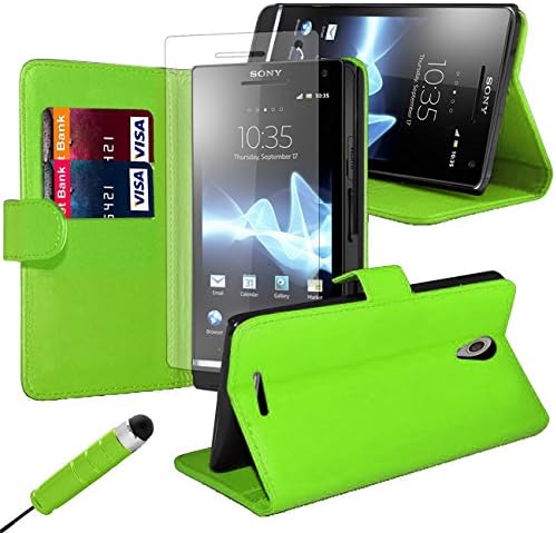iJQ - Green Premium PU Leather Flip Case Wallet Cover For Sony Xperia M4 Aqua With Card Slots And Built in Stand Plus Screen Protector And Screen Stylus Pen