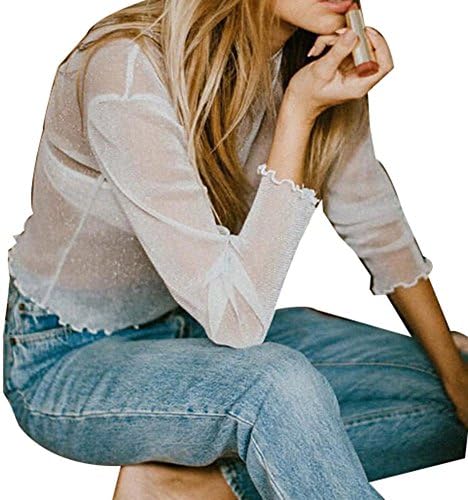 Women Mesh Shiny Long Sleeve Blouse Casual Loose Tank Tops shirt (S, White)