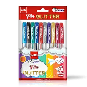 Cello Geltech Fun Glitter Gel Pen (Pack of 10 pens in Multicolour ink) | Glitter gel pens for art lovers & kids | Sparkle ink in gel pens