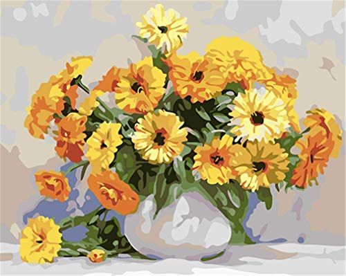 YEESAM ART DIY Paint by Numbers for Adults Beginner Kids, Yellow Daisy Flowers & White Porcelain Bottle 16x20 inch Linen Canvas Acrylic Stress Less Number Painting Gifts (Daisy, Without Frame)