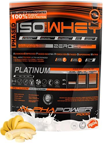 ALPHAPOWER FOOD® - ALPHAPURE SERIES®: 5 Iso Whey Protein Isolate, Hydrolyzed Platinum 5 PHASED-ISOCFM®, CFM Whey Isolate, Iso Whey Zero Carbs &amp; Sugar added, CFM Whey Protein Powder Whey Protein Shake (1x 1000g / 1kg Pouch) Flavour Delicious Banana, Ideal for people following a low carb diet program