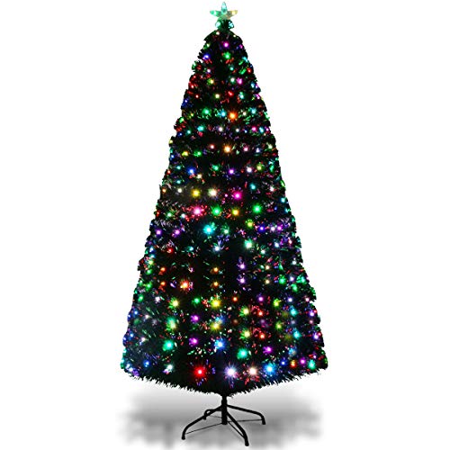 CASART 7 ft Green Christmas Tree Fiber Optics Color Changing Lights Artificial Metal Stand