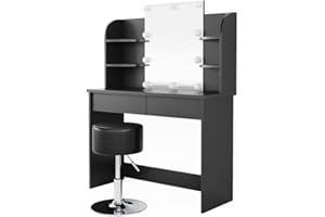 Vicco tavolo da toeletta Charlotte, Nero, 108 cm con illuminazione LED e sgabello