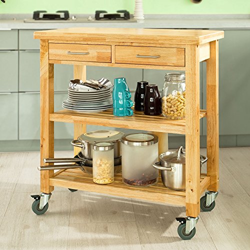 SoBuy® Servierwagen aus Kautschukholz ,Küchenwagen,Küchenregal, Rollwagen ,B80xT40xH90cm, FKW24-N - 3