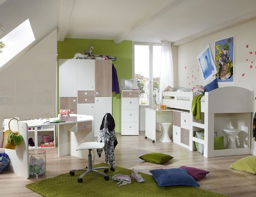 4tlg Jugendzimmer weiß - Eiche sägerau Hochbett Kleiderschrank Schreibtisch