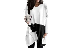 Minetom Langarmshirt Damen V-Ausschnitt Druck Lose Langarm Oberteile Oversize Lang Sweatshirt Tops Asymmetrisch Saum Jumper Pullover Mit Taschen