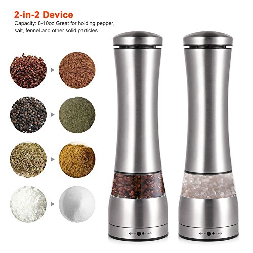 Uarter Premium elektrische Gewürzmühle, Edelstahl, Salz- und Pfeffermühle, Set mit verstellbarer Mahlfunktion und Sichtfenster, 2er Pack