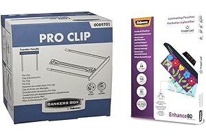 Fellowes 0089701 Clips pour archives 10cm BankerBox - Blanc (lot de 100) & Pochettes de plastification 80 microns A4, pack de 100 pochettes, haute qualité, finition brillante, 5306114