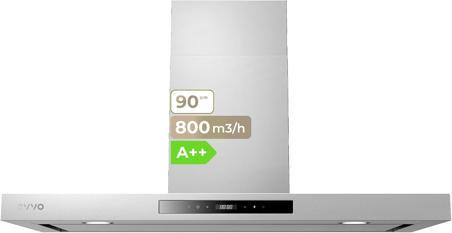 EVVO Campana Extractora 90 cm Decorativa, Potencia 800 m³/h, Control Táctil y Gestual, Filtro de Aluminio y Carbón Activo, Eficiencia Energética A++