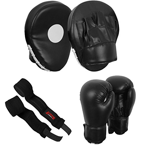 Lions® Curved Focus Pads and Gloves Set Hook & Jabs Punch Bag Mitts Boxing MMA Kick Training (Black, 12oz)