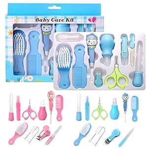 iSWEVEN 10 PCS Baby Healthcare and Grooming Kit Ear Pick with Light Comb Nail Clipper Nasal Aspirator Food Feeder Newborn Infant Shower Care Nursery Set (BCK1002A-Blue)