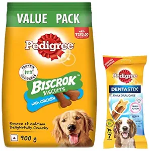 Pedigree Dentastix Medium Breed (10-25 kg) Oral Care Dog Treat, 180g Weekly Pack (7 Chew Sticks) & All Life Stages Biscrok Dry Dog Biscuits (Above 4 Months), Chicken Flavor, 900g Pack