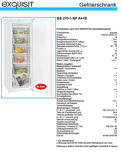 Exquisit GS 270-1 NF A++E Gefrierschrank,EEK: A++, 183 Liter, 4 Sterne, Kontrollanzeige, Temperaturregelung, Alarm bei of. Tür, No frost, 5 Gefrierschubladen, 1 Fach mit Klappe – Bild 3