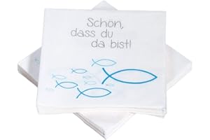 IN DUE 20 Servietten Fische Ichthys 'Schön, DASS du da bist!' 33x33 cm - blau türkis - für Kommunion, Taufe oder andere Festliche Anlässe…