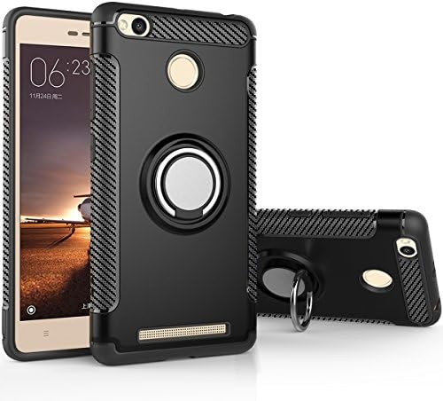 COOLKE Dual Layer Shockproof TPU Silicone + PC Hard Back shell 360 Rotating Ring Grip Holder Kickstand with Back Magnetic Circle Protective Case Cover for Xiaomi Redmi 3S - Black