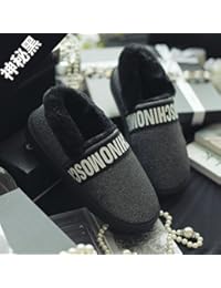 DogHaccd Zapatillas,Zapatillas de algodón señoras invierno cálido inferior grueso antideslizante en casa en la habitación con PU cuero cuero plus cashmere cotton tide, negro, 40-41