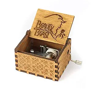 windup beauty & the beast theme wooden music box - in gift jute pouch - antique curved hand crank-Brown