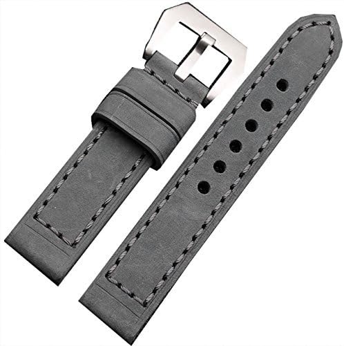 Grey Genuine Leather Wristwatch Watch Band Strap Mens Stainless Steel Buckle 24mm