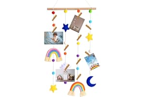 LZYMSZ Hanging Photo Display, Rainbow Decor and Pom-Pom Ball Photo Display Board, Rainbow Picture Frames Collage For Home Living Room Apartment Room Bedroom (10 Wooden Clips)