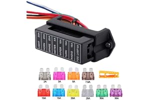 Aiqeer 8 Vie Blocco Fusibili a Lama per Auto, 2 Ingressi 8 Uscite Portafusibili a Lama Standard, Scatola Fusibili Standard con Precablato, e 10 Pezzi Fusibili a Lama (12V / 24V / 32V / 48V)