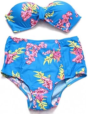 GK-Top tubo retrò costume da bagno bikini a vita alta floreale,Fiori,S