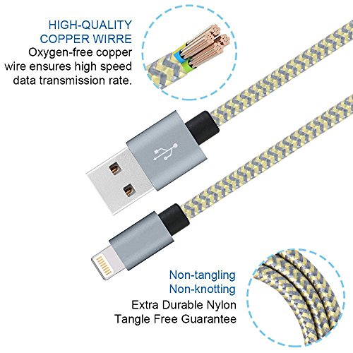 PeziMu iPhone Kabel Nylon, Geflochtenen USB Kabel für iPhone7 / 7plus / 6s / 6 plus, iPhone SE, iPhone 5s 5c 5, iPad, iPod – (1+2+3)M (Grau gold) - 2