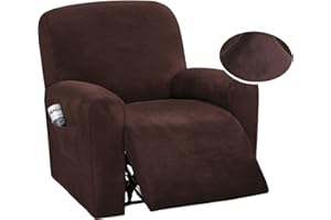 QQJIN Velvet Recliner Chair Cover with Side Pocket, 4 Piece Non Slip Recliner Cover, 1 Seat Stretch Recliner Protector Form Fitted Thick Soft Washable for Living Room, Pet, Kids,Brown