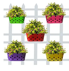 Green Pots Oval Dotted Metal Vertical Railing Planters |Pot with Hanger | Gamla | Home Balcony & Outdoor Garden Decoration|12 Inches Pot (Multicolour,Pack of 5)