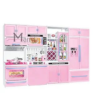 MANVI Kitchen Playset for Kids, 4 Compartment Kitchen Set, Modern Kitchen Play Set with Light and Sound, Modular Kitchen Set for Girls (4-Box) (Dream Kitchen Set 4 Box for Girls)