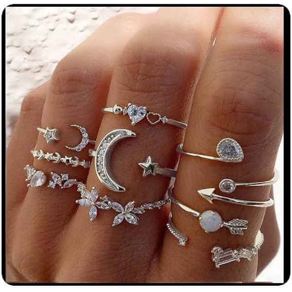 Set 15 Anelli Regolabili Donna - Acciaio Inossidabile Aperti Punk Argento - Foto 2