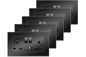 5 Pack CNBINGO Double Switched Power Socket with Dual USB Charging Ports (Type A and C), Black 13 Amp Electric Wall Socket
