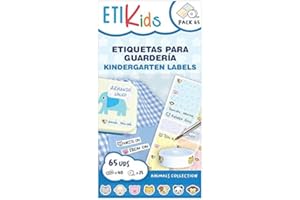 ETIKids PACK FUNNY: 40 Etiquetas Adhesivas + 25 Etiquetas de Tela Termoadhesivas con dibujos de animales (Animales)