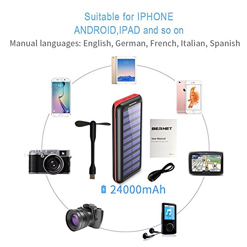 Batterie Externe  BERNET 24000 mAh Chargeur Solaire Power Bank avec Deux Entr  es Lighting et Micro  et 3 Ports Haute Vitesse de Charge Portable pour 