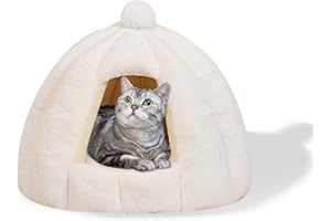 Galatée Cama Tipo Cueva para Gatos, Cojín con Fondo Antideslizante, Cama para Mascotas con Interior Lavable Extraíble, Iglú De Felpa Suave y Acogedor (S, Blanco)