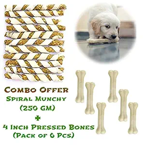 Petlicious & More Combo Offer (250 Gm) Chicken Flavor Spiral Munchy + 4 Inch Rawhide Dog Bones (6 Pcs)