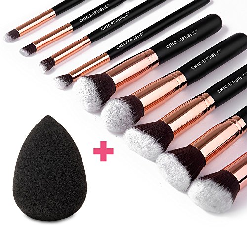 Rose Gold 10 Piece Professional Kabuki Contouring Makeup Brush Set with Taklon Synthetic Hair for Face, Cheeks and Eyes, Liquid Cream Powder Mineral Make Up, BONUS Complexion Beauty Sponge Blender