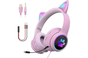 DRAGON SLAY Casque d'écoute de chat filaire à LED avec casque de jeu pour adultes et adolescents, bandeau rembourré réglable, microphone détachable, suppression du bruit et lumière RVB (Rose, USB + jack 3,5 mm)